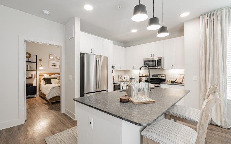 a kitchen with a large counter top